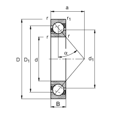 角接触球轴承 7209-B-TVP, 根据 DIN 628-1 标准的主要尺寸，接触角 α = 40°