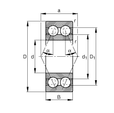 角接触球轴承 3005-B-TVH, 双列，接触角 α = 25°