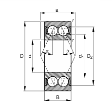 角接触球轴承 3003-B-2RSR-TVH, 双列，双侧唇密封，接触角 α = 25°