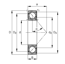角接触球轴承 7210-B-2RS-TVP, 根据 DIN 628-1 标准的主要尺寸，接触角 α = 40°，两侧唇密封