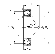 角接触球轴承 7305-B-2RS-TVP, 根据 DIN 628-1 标准的主要尺寸，接触角 α = 40°，两侧唇密封